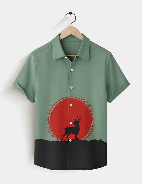 Green Deer Sunset Graphic Short Sleeve Shirt – Nature Inspired Casual Button Shirt for Men