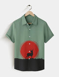 Green Deer Sunset Graphic Short Sleeve Shirt – Nature Inspired Casual Button Shirt for Men