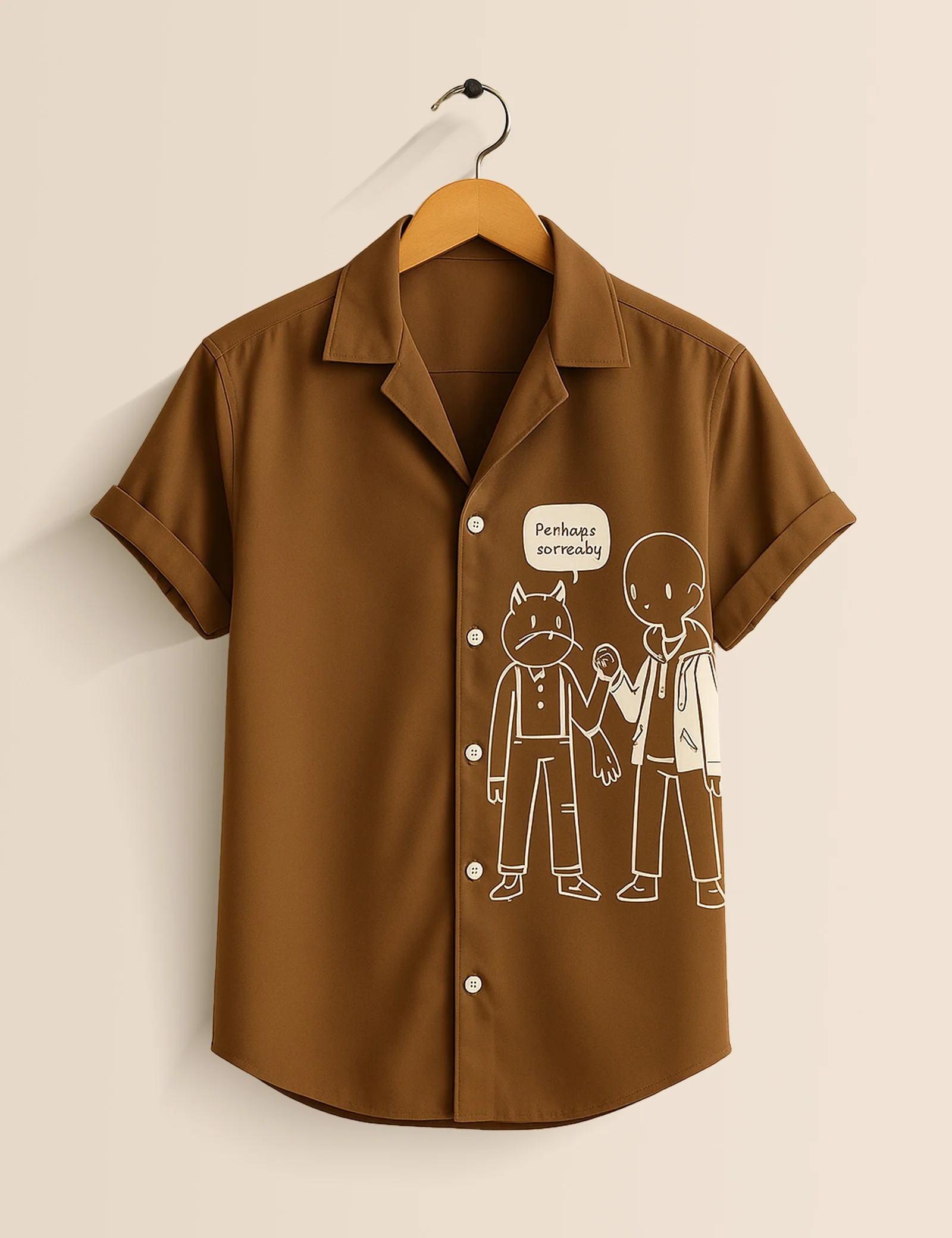 Minimal Cartoon Graphic Brown Short Sleeve Shirt – Cute Character Casual Button Shirt for Men