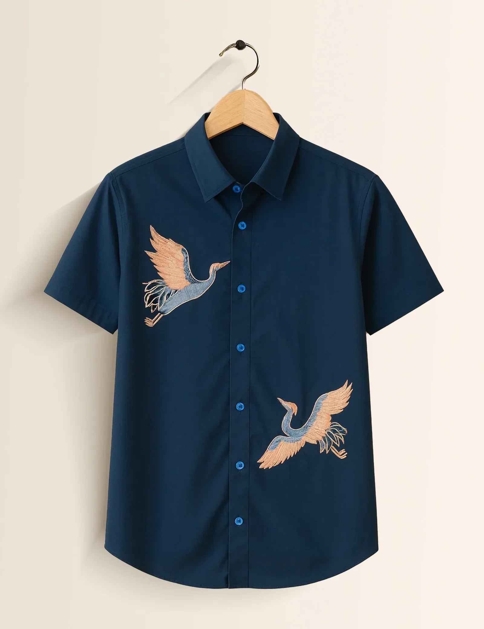 Navy Blue Crane Bird Graphic Short Sleeve Shirt – Elegant Nature Casual Button Shirt for Men