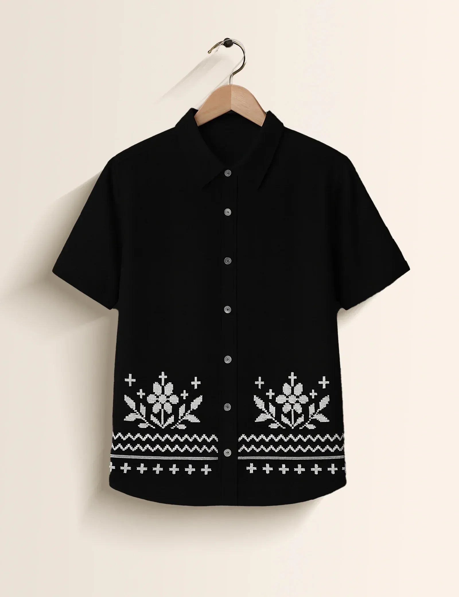 Black Floral Embroidery Pattern Short Sleeve Shirt – Minimal Ethnic Casual Button Shirt for Men