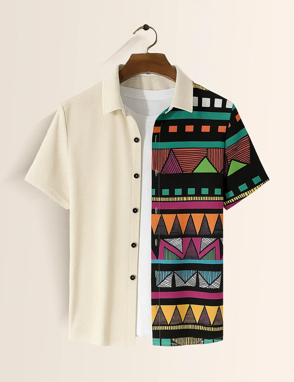 Half Tribal Geometric Print Cream Short Sleeve Shirt – Modern Ethnic Casual Button Shirt for Men