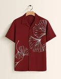 Maroon Ginkgo Leaf Graphic Short Sleeve Shirt – Minimal Botanical Casual Button Shirt for Men
