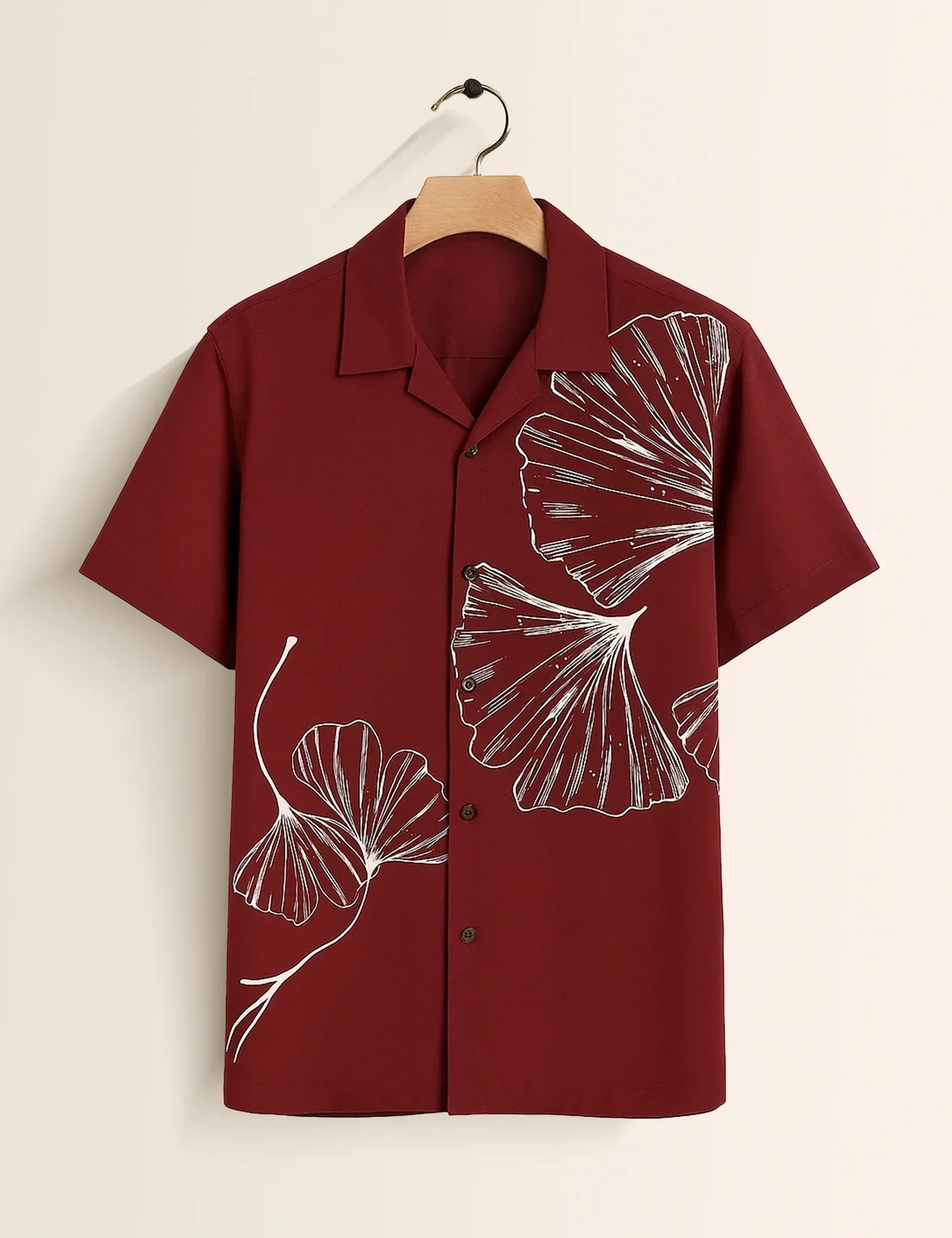 Maroon Ginkgo Leaf Graphic Short Sleeve Shirt – Minimal Botanical Casual Button Shirt for Men