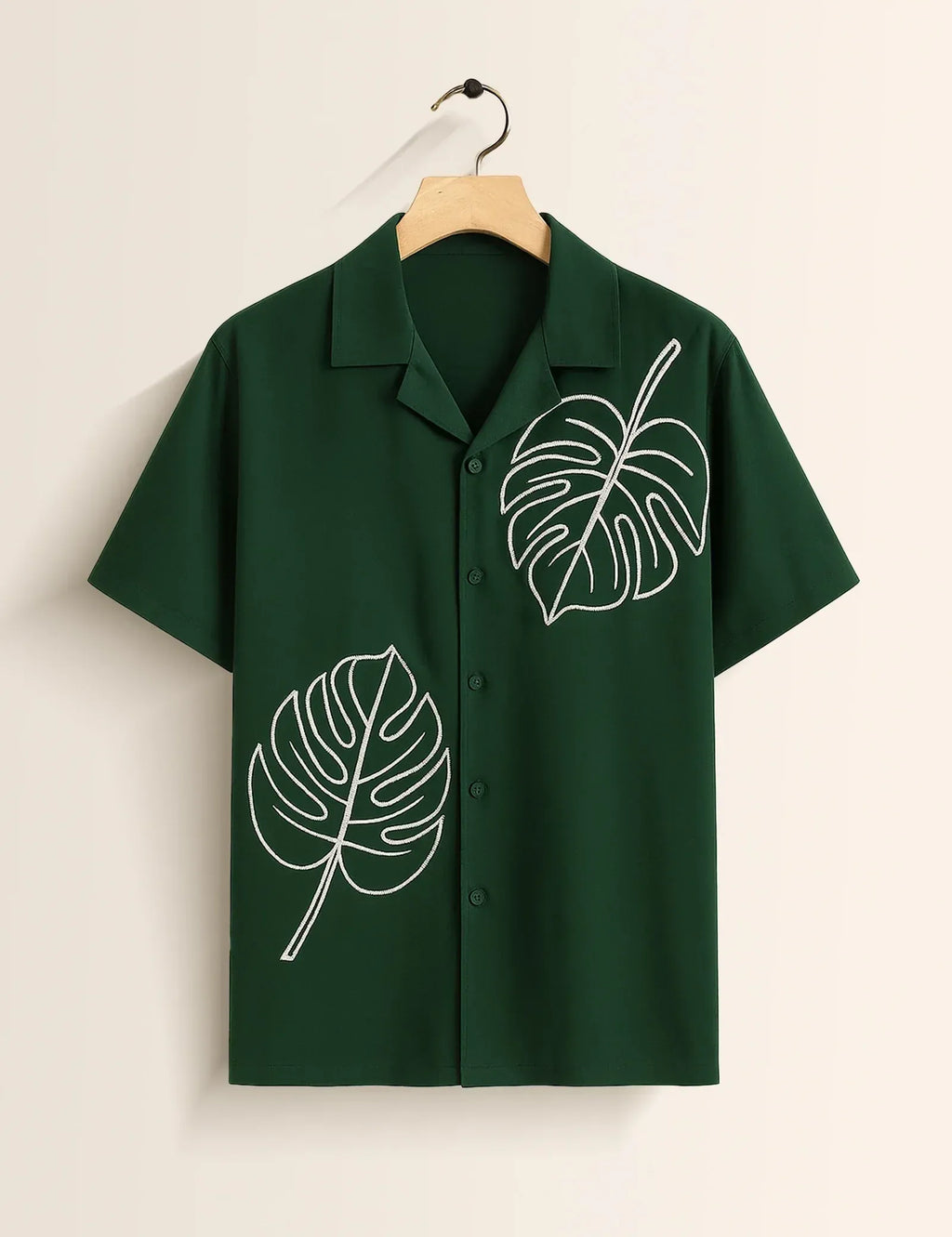Dark Green Monstera Leaf Graphic Short Sleeve Shirt – Tropical Minimal Casual Button Shirt for Men