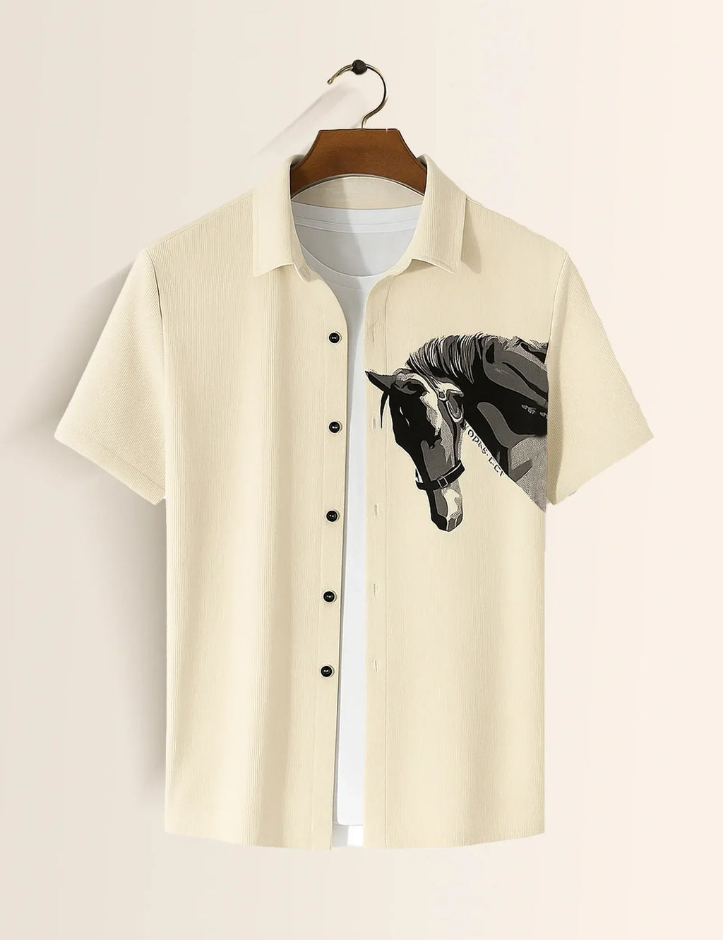 Minimal Horse Graphic Beige Short Sleeve Shirt – Artistic Casual Button Shirt for Men