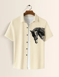 Minimal Horse Graphic Beige Short Sleeve Shirt – Artistic Casual Button Shirt for Men