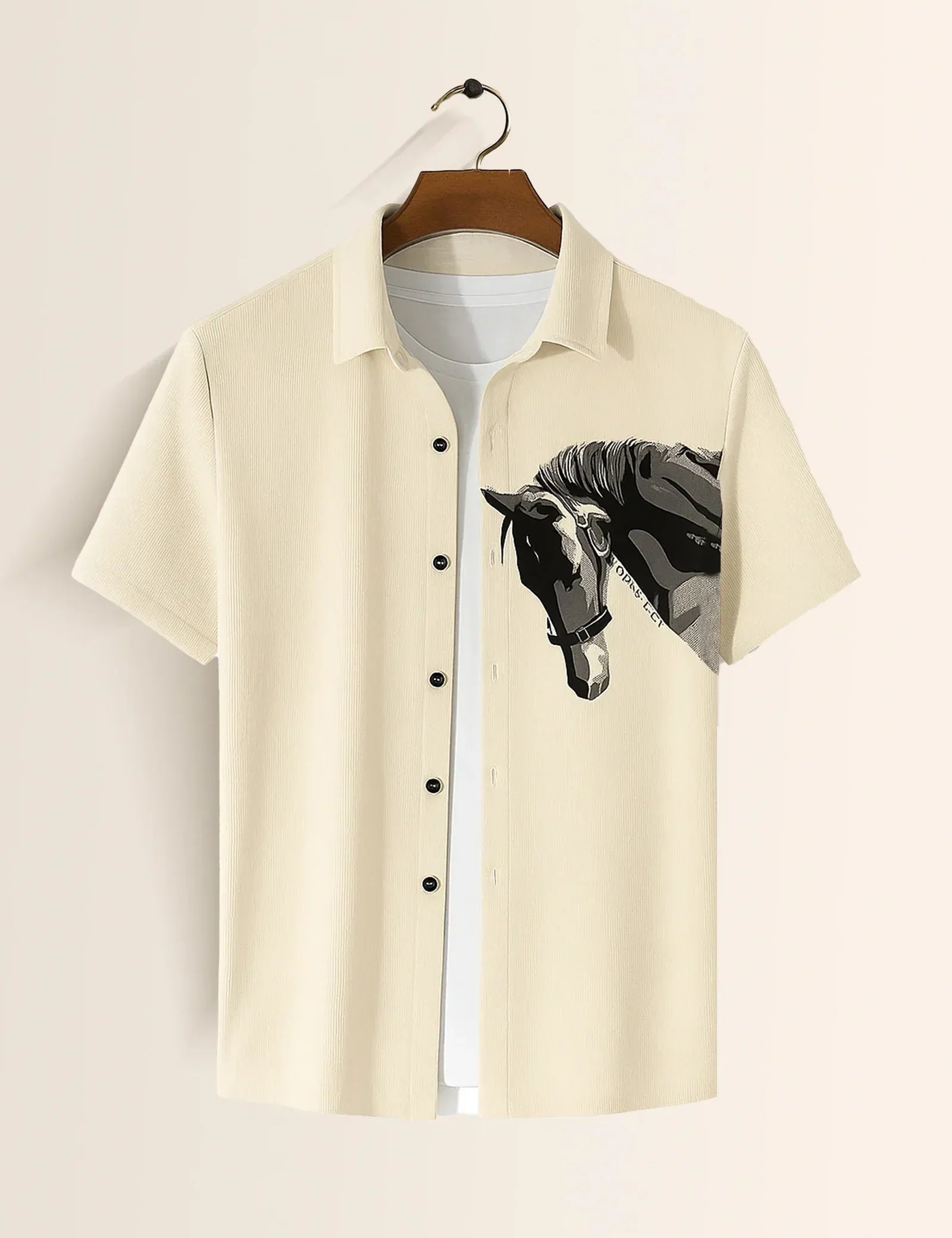 Minimal Horse Graphic Beige Short Sleeve Shirt – Artistic Casual Button Shirt for Men