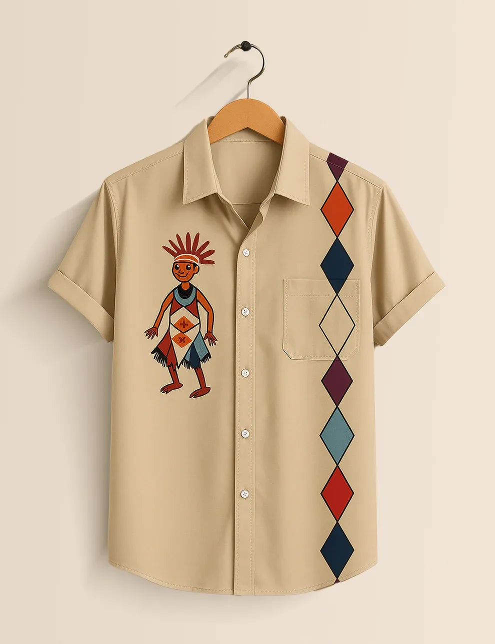 Tribal Dance Printed Beige Short Sleeve Shirt – Ethnic Art Casual Summer Shirt for Men