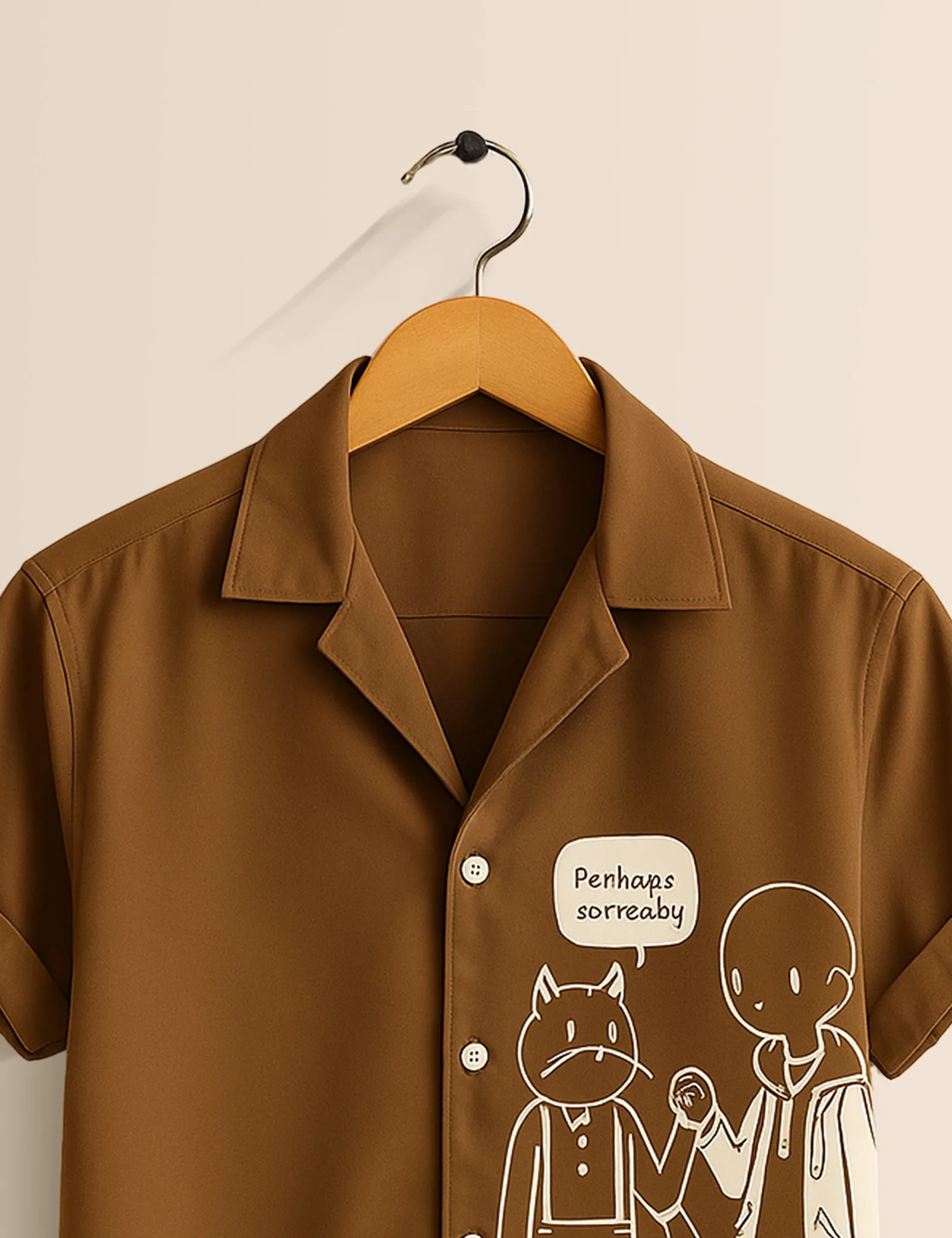 Minimal Cartoon Graphic Brown Short Sleeve Shirt – Cute Character Casual Button Shirt for Men