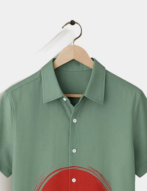 Green Deer Sunset Graphic Short Sleeve Shirt – Nature Inspired Casual Button Shirt for Men