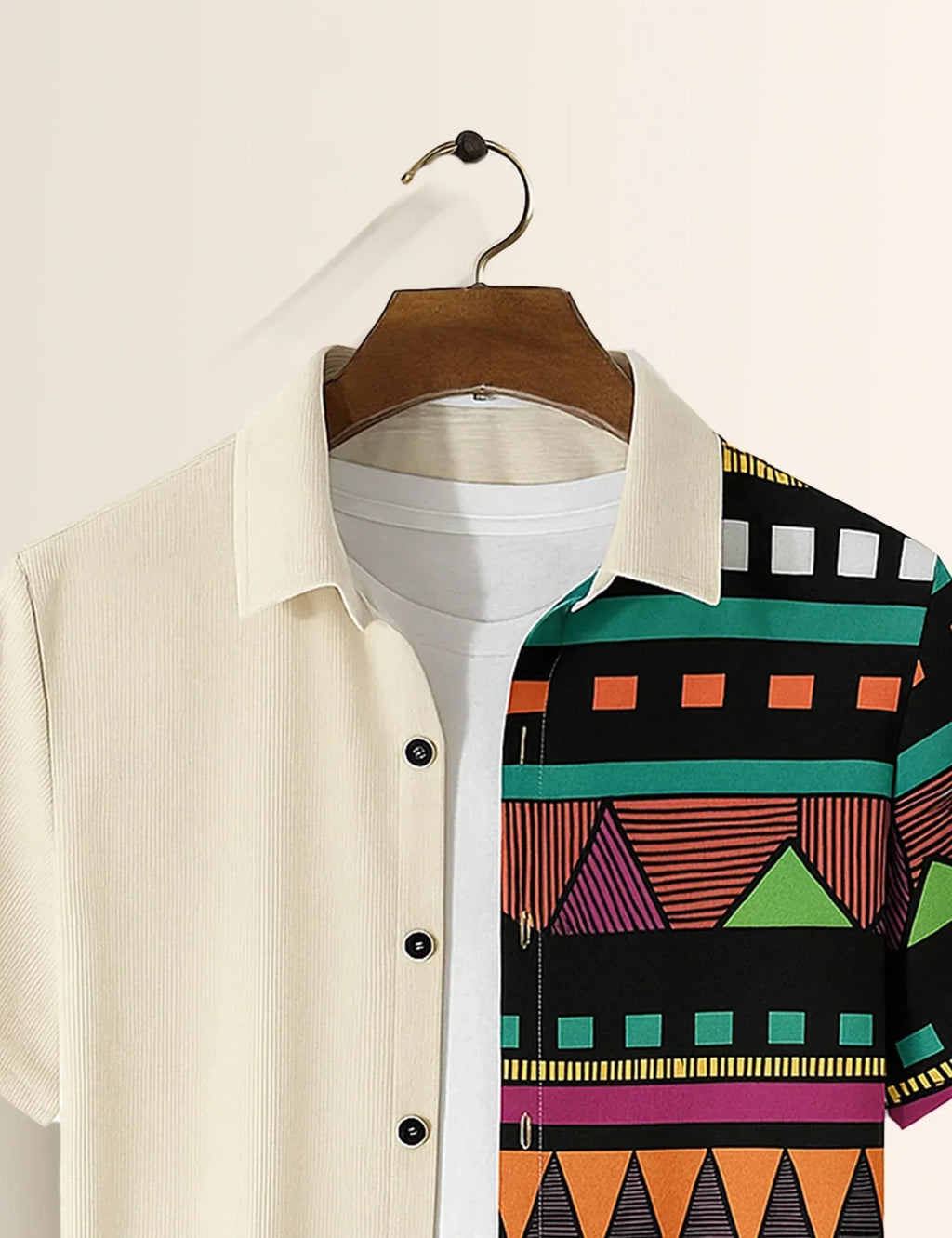 Half Tribal Geometric Print Cream Short Sleeve Shirt – Modern Ethnic Casual Button Shirt for Men
