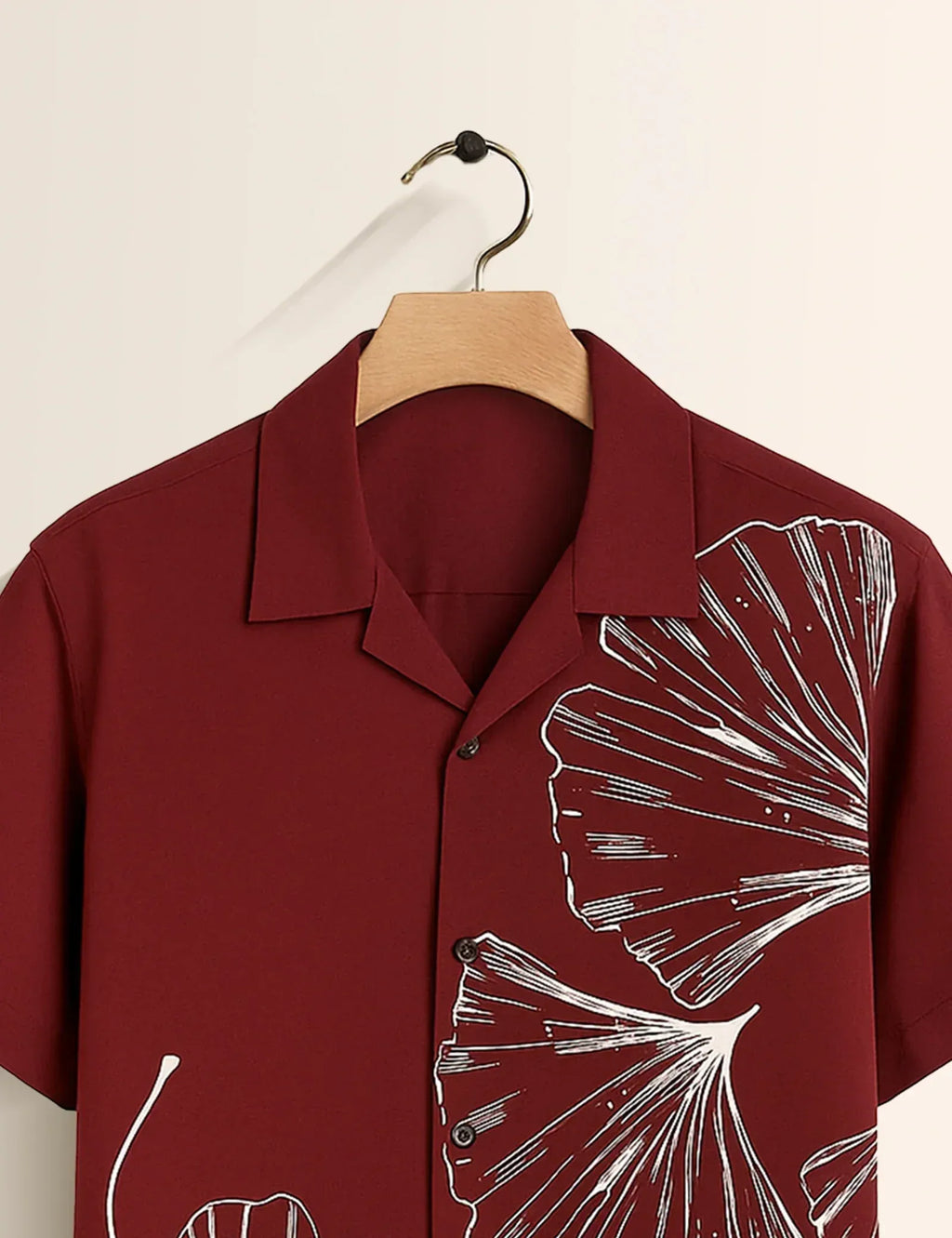 Maroon Ginkgo Leaf Graphic Short Sleeve Shirt – Minimal Botanical Casual Button Shirt for Men