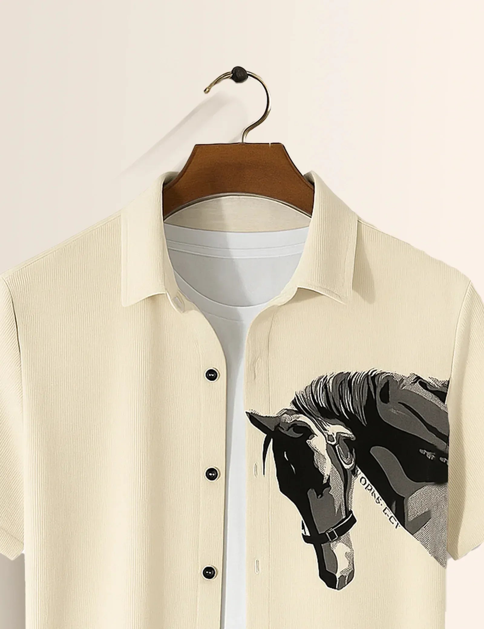 Minimal Horse Graphic Beige Short Sleeve Shirt – Artistic Casual Button Shirt for Men