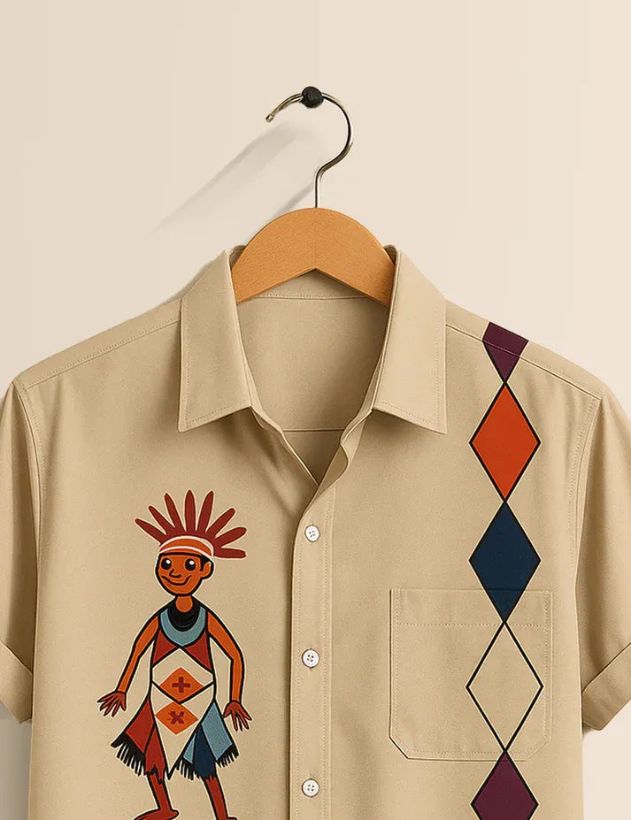 Tribal Dance Printed Beige Short Sleeve Shirt – Ethnic Art Casual Summer Shirt for Men