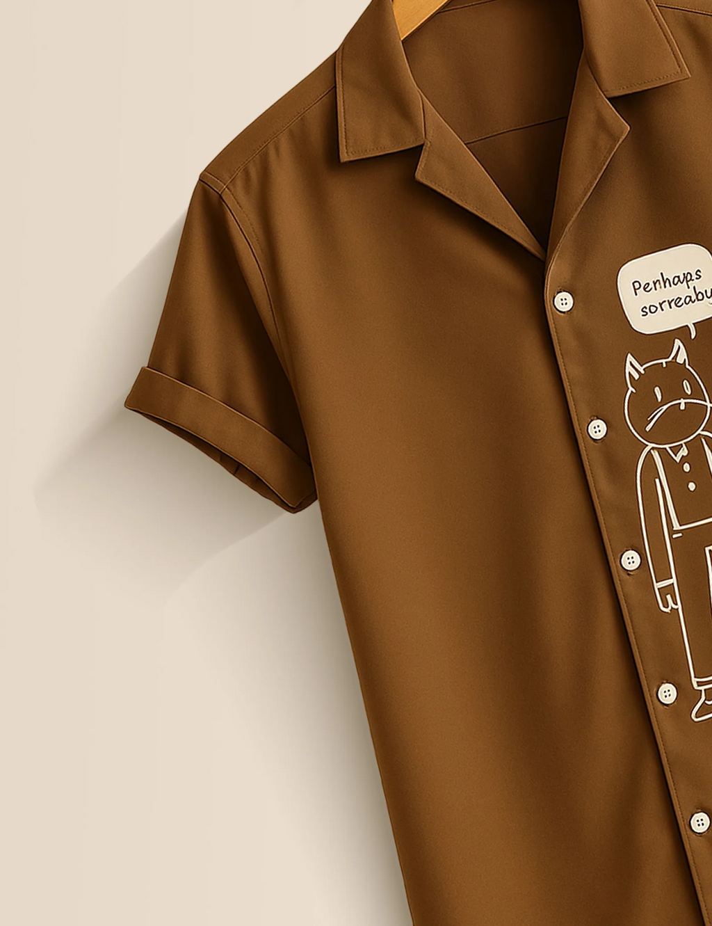 Minimal Cartoon Graphic Brown Short Sleeve Shirt – Cute Character Casual Button Shirt for Men