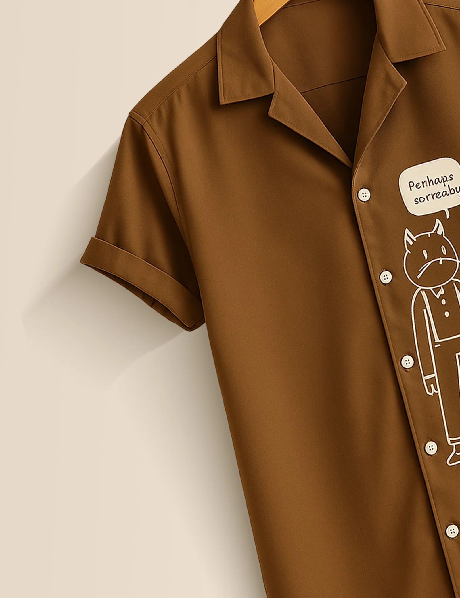 Minimal Cartoon Graphic Brown Short Sleeve Shirt – Cute Character Casual Button Shirt for Men