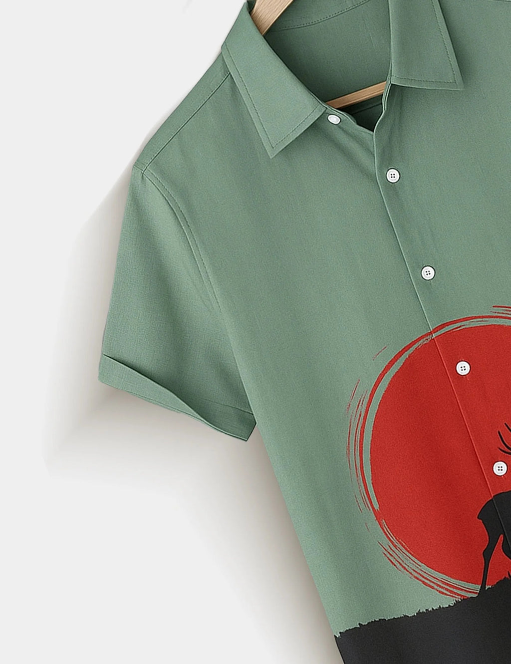 Green Deer Sunset Graphic Short Sleeve Shirt – Nature Inspired Casual Button Shirt for Men