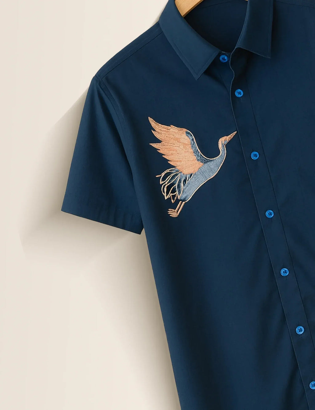 Navy Blue Crane Bird Graphic Short Sleeve Shirt – Elegant Nature Casual Button Shirt for Men