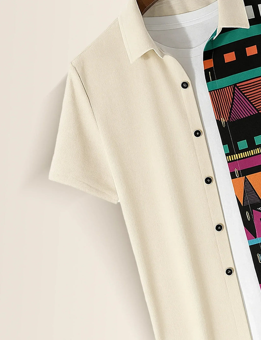 Half Tribal Geometric Print Cream Short Sleeve Shirt – Modern Ethnic Casual Button Shirt for Men