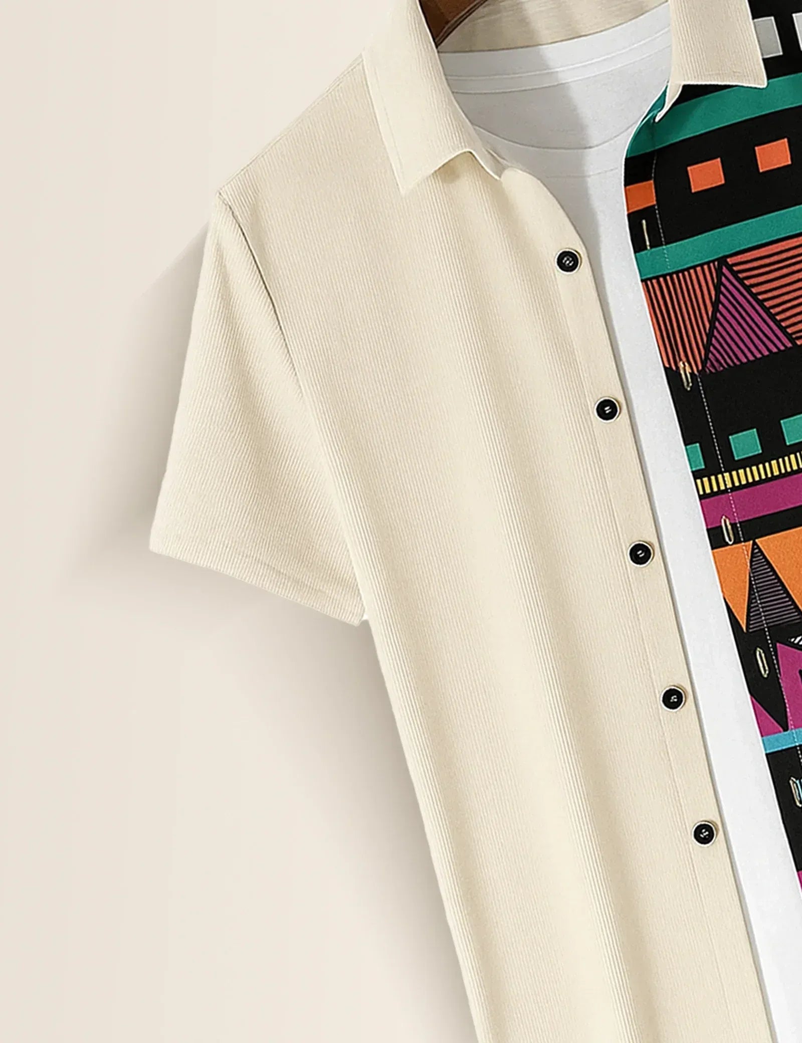 Half Tribal Geometric Print Cream Short Sleeve Shirt – Modern Ethnic Casual Button Shirt for Men