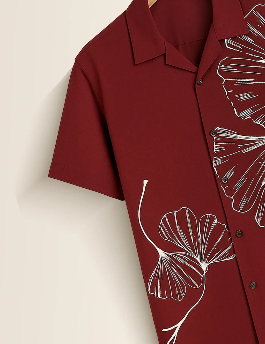 Maroon Ginkgo Leaf Graphic Short Sleeve Shirt – Minimal Botanical Casual Button Shirt for Men