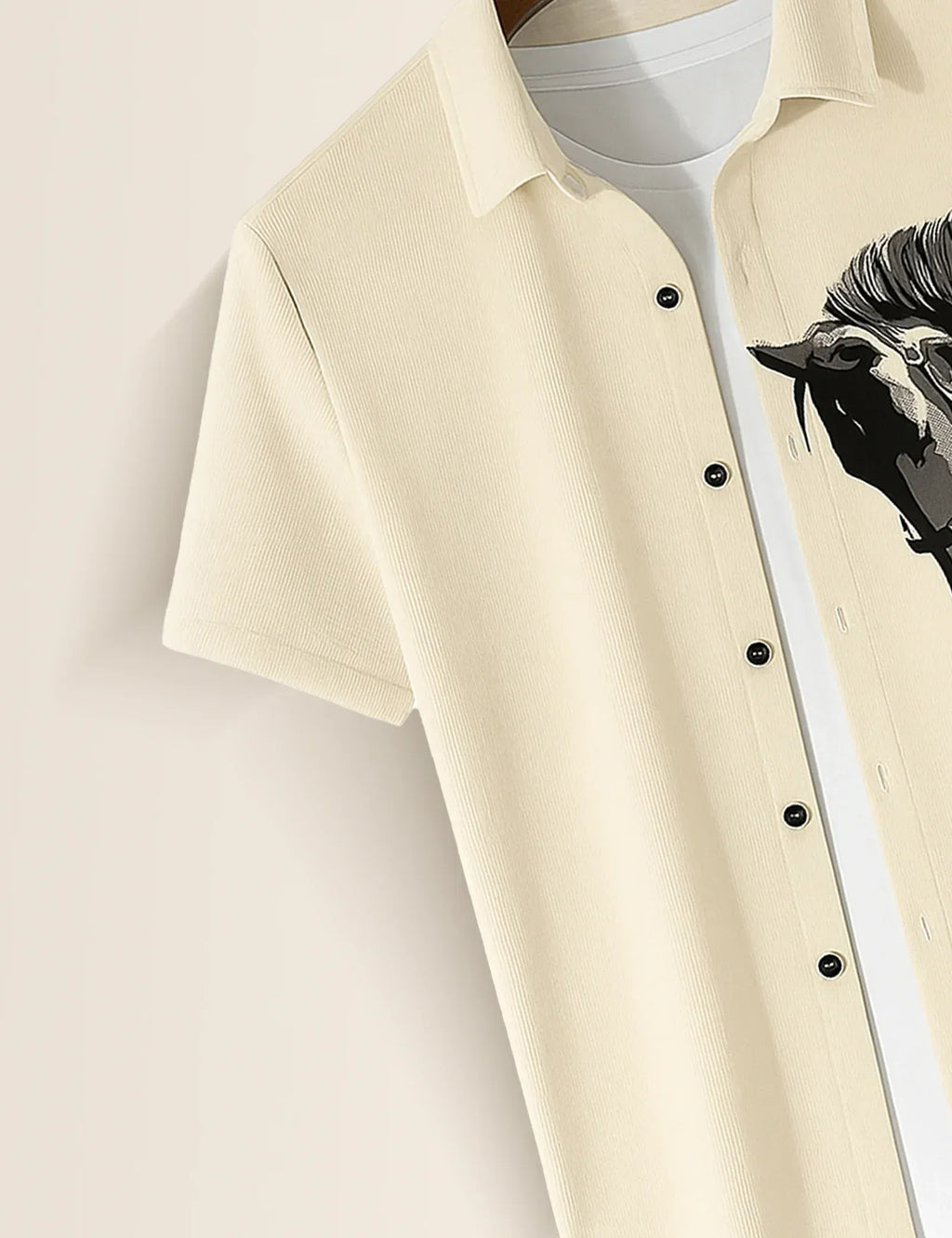 Minimal Horse Graphic Beige Short Sleeve Shirt – Artistic Casual Button Shirt for Men