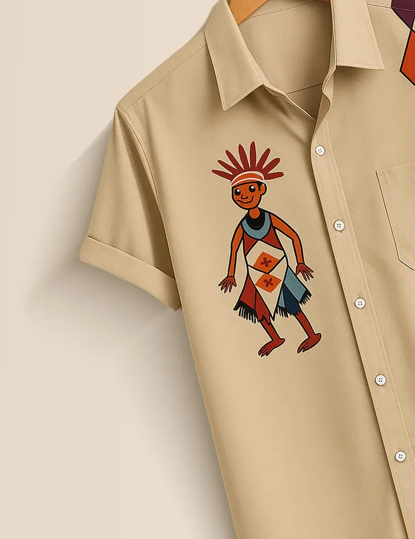 Tribal Dance Printed Beige Short Sleeve Shirt – Ethnic Art Casual Summer Shirt for Men