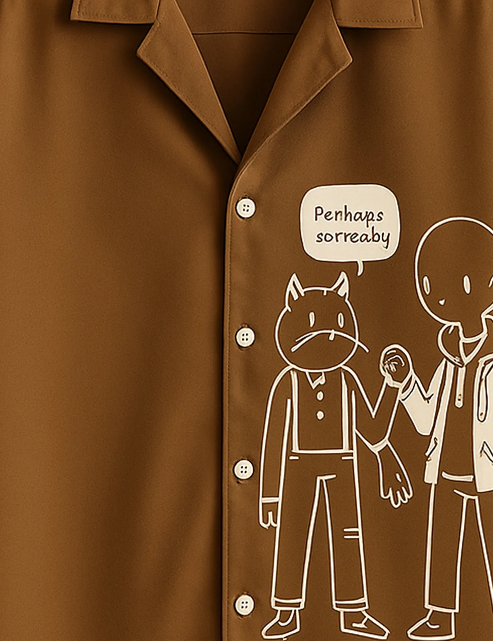 Minimal Cartoon Graphic Brown Short Sleeve Shirt – Cute Character Casual Button Shirt for Men