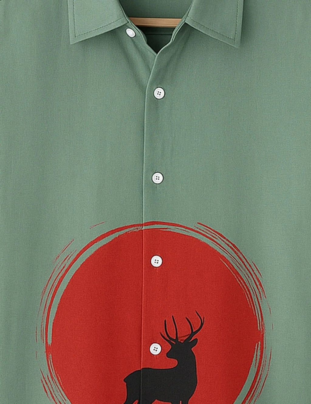 Green Deer Sunset Graphic Short Sleeve Shirt – Nature Inspired Casual Button Shirt for Men