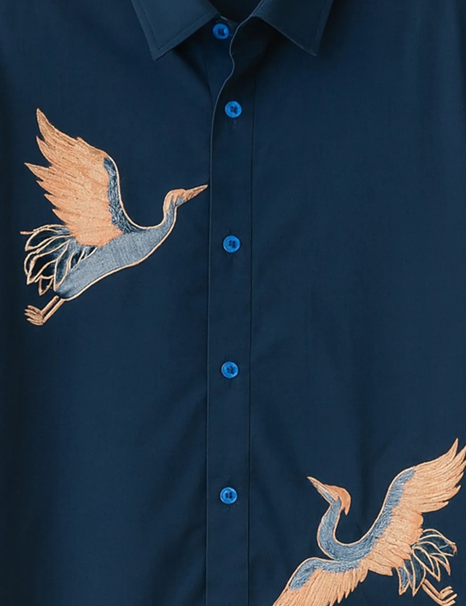 Navy Blue Crane Bird Graphic Short Sleeve Shirt – Elegant Nature Casual Button Shirt for Men