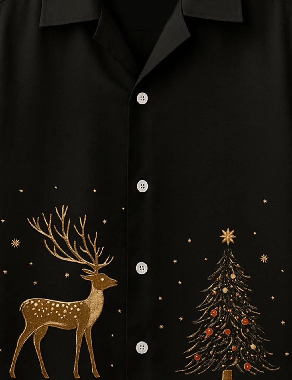 Black Deer & Christmas Tree Graphic Short Sleeve Shirt – Festive Casual Button Shirt for Men