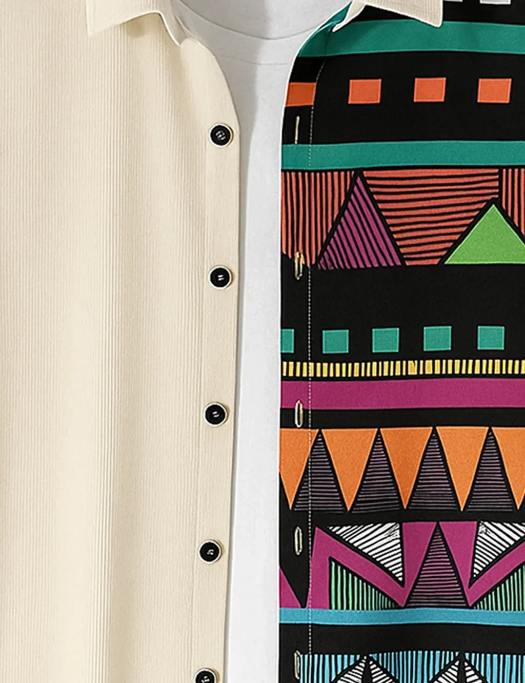 Half Tribal Geometric Print Cream Short Sleeve Shirt – Modern Ethnic Casual Button Shirt for Men