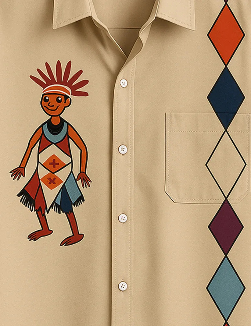 Tribal Dance Printed Beige Short Sleeve Shirt – Ethnic Art Casual Summer Shirt for Men
